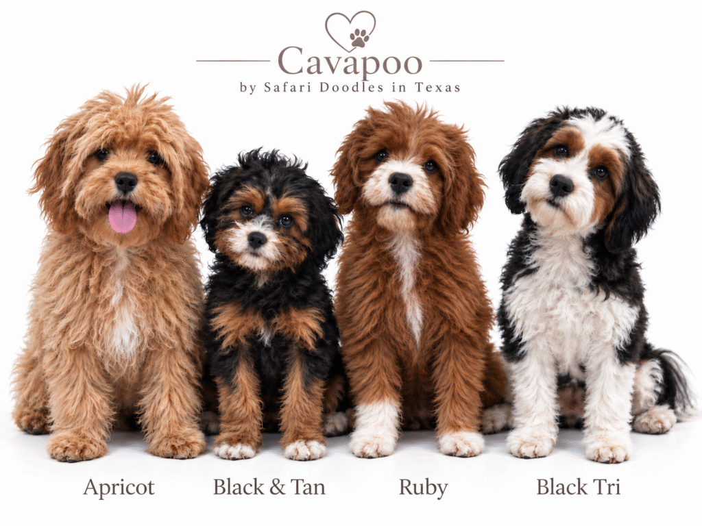 Safari Doodles makes a wide variety of colors of Cavapoos. Apricot, Red, Ruby, Golden, Black and Tan, Phantom, Black Tri, Merle, White, Blenheim