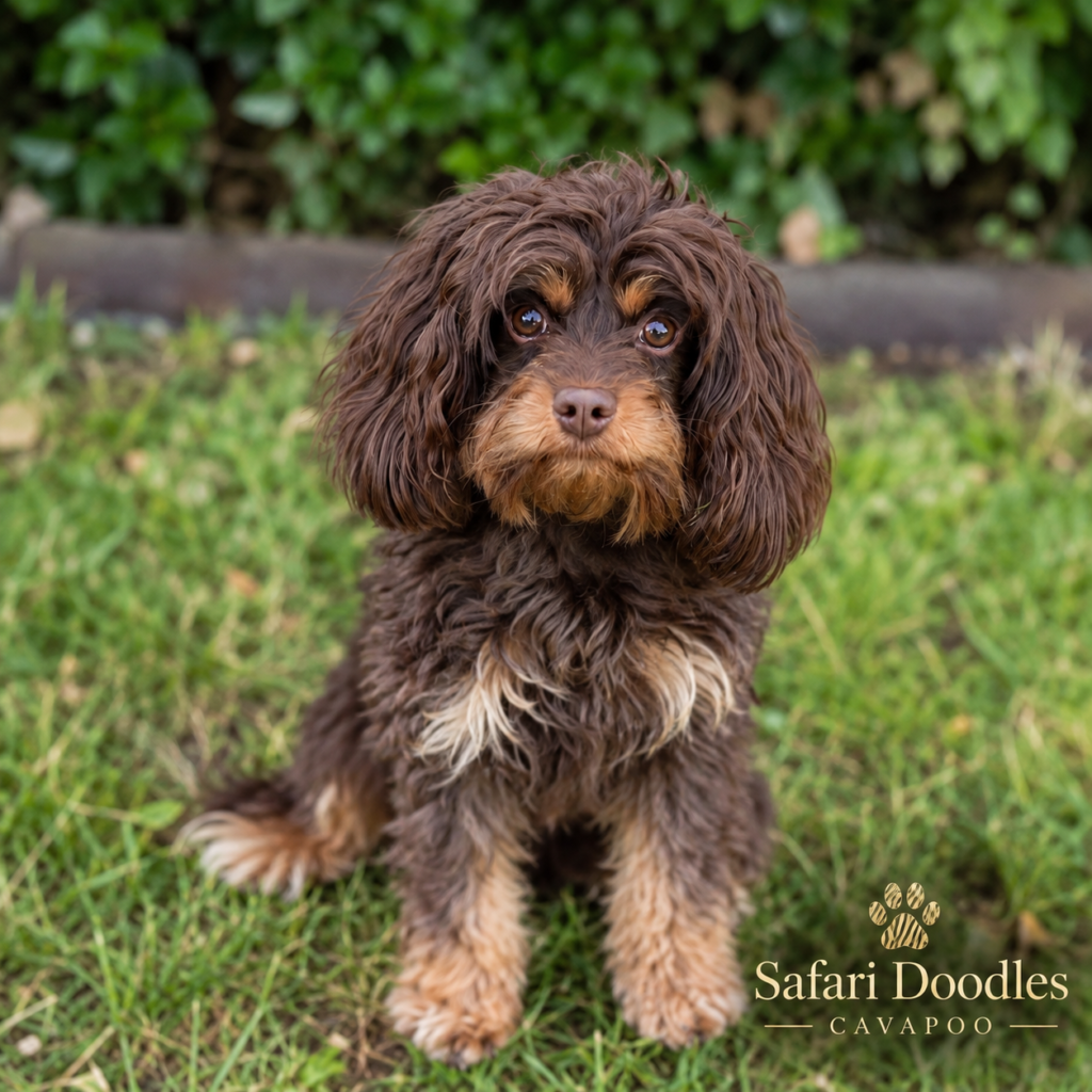 Chocolate and tan Cavapoo puppy raised by Safari Doodles near Dallas, Texas